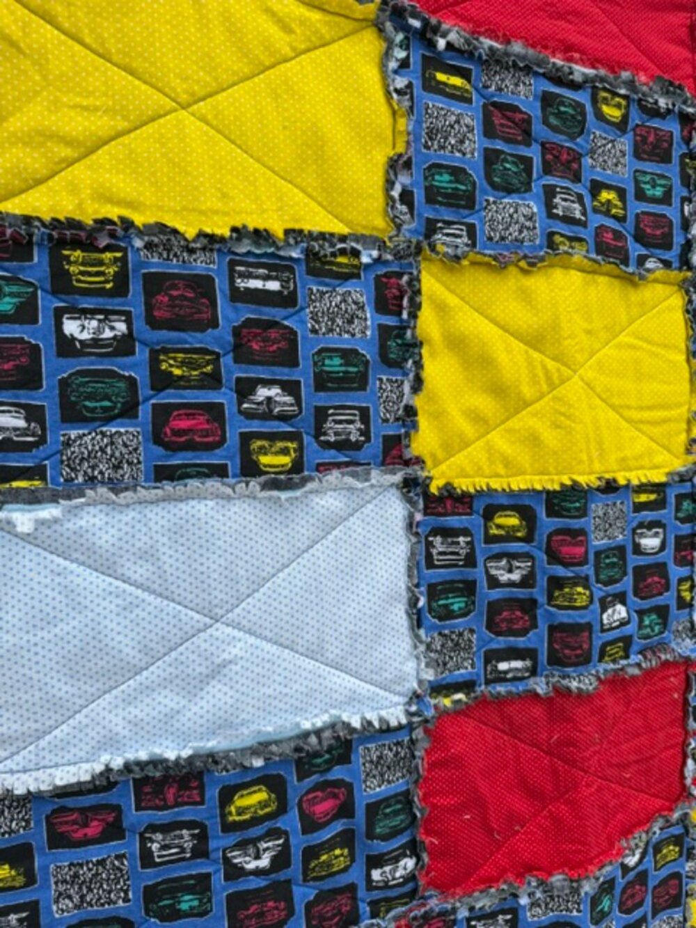 Homemade Small Blue, Red, Yellow & White Rag Quilt/Baby Blanket - Picture 4 of 9